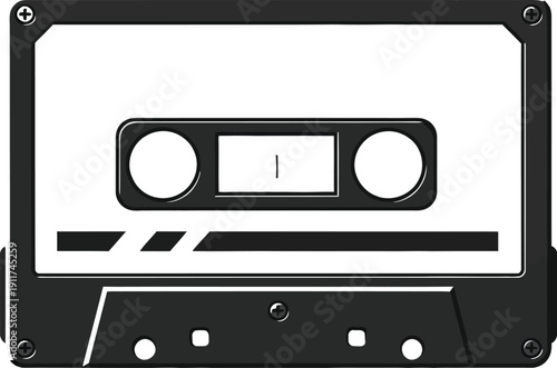 Single black cassette tape, minimal flat vector illustration on a flat surface