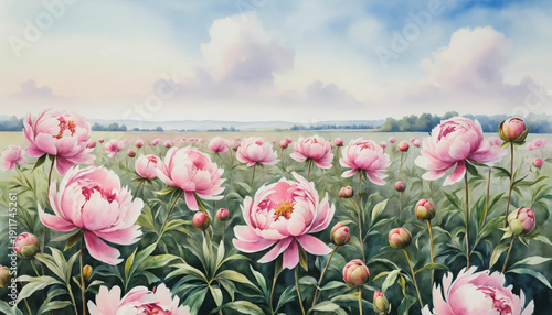 Watercolor landscape: an endless field of pink peonies and buds under a soft pastel sky.