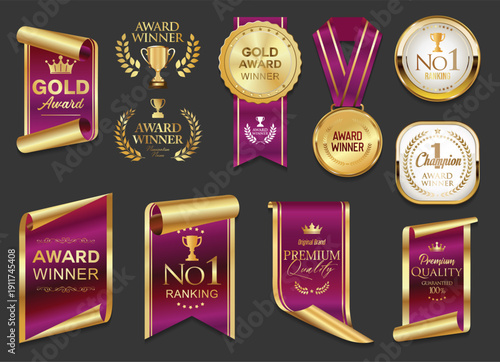 Top rated gold award winner and premium quality gold and pink badge and emblem collection stock illustration