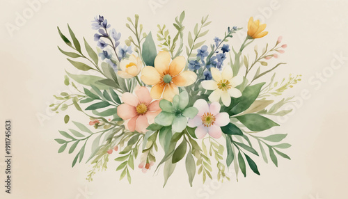 Watercolor illustration of a wide spring flower bouquet in pastel colors with soft green leaves on a light background.