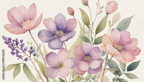 Watercolor illustration of vibrant spring flowers in pink, purple, and cream tones
