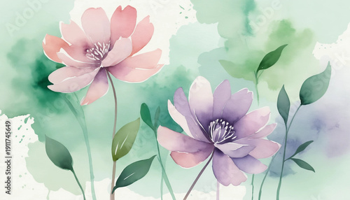 Flowers in a pastel watercolor style with soft shades and delicate petals