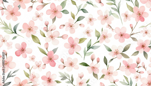 Minimalist watercolor floral pattern with small pink cherry blossoms and green leaves on white background. 
