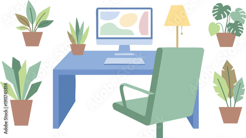 Modern Office Desk with Computer and Plants.