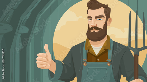 Illustration of a bearded man in overalls giving a thumbs up and holding a pitchfork