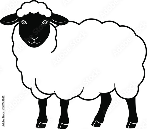 Minimal line based vector of a sheep, rounded wool shape, solid white and black fill, clean thick outline, no tiny details, isolated on white 1