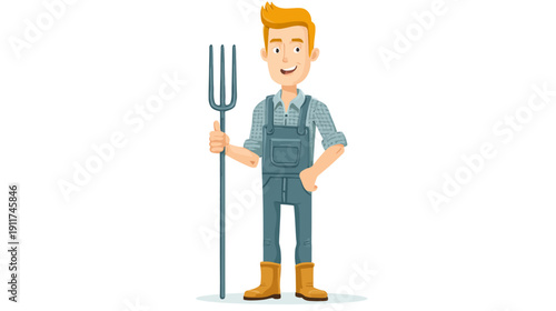 Animated illustration of a smiling man with orange hair, wearing overalls and boots, holding a pitchfork