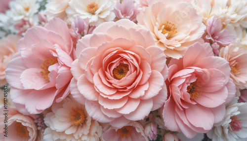 Dreamy watercolor floral composition with delicate multi-layered pink roses and ranunculus. 