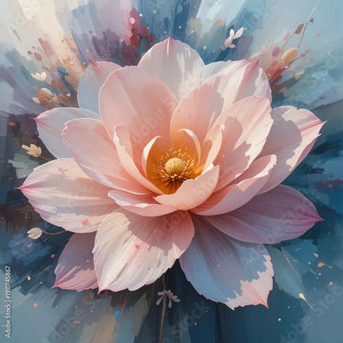 Abstract watercolor illustration of a soft pink lotus flower on an expressive blue background. Artistic brushstrokes