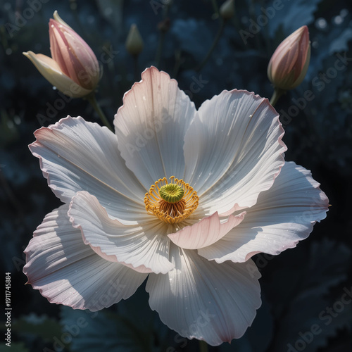 Watercolor illustration of a delicate white flower with transparent petals and buds on a dark background. Artistic floral harmony