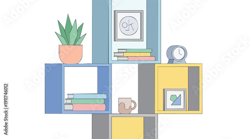 Colorful Bookshelf with Decorative Items and Books.