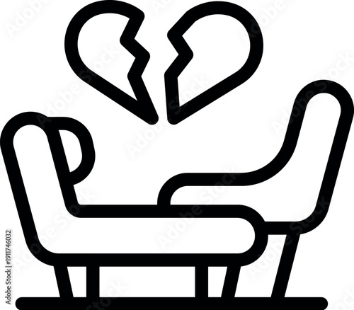 Two empty armchairs with broken heart symbolizing couple therapy session and relationship problems