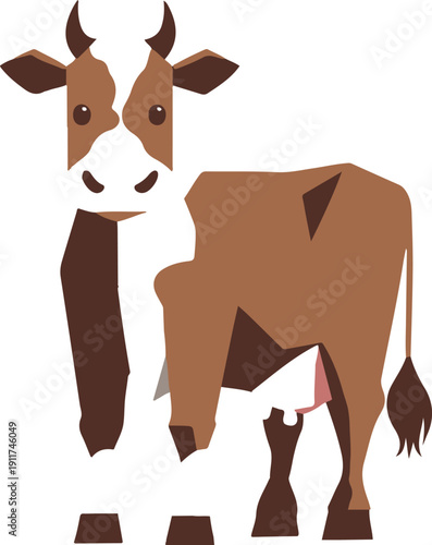 Minimal flat vector illustration of a cow, bold black outline, 4 solid colors, simple geometric body shape, no gradient, no shadow, isolated on white background, SVG style, stock vector 1