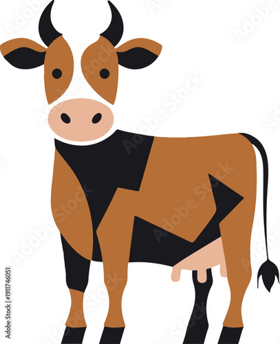 Minimal flat vector illustration of a cow, bold black outline, 4 solid colors, simple geometric body shape, no gradient, no shadow, isolated on white background, SVG style, stock vector 2