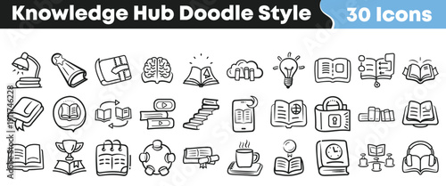 A collection of thirty hand drawn doodle style icons representing knowledge hub concepts like learning studying and reading material