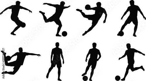 Soccer Players Kicking Running Silhouettes on White Background