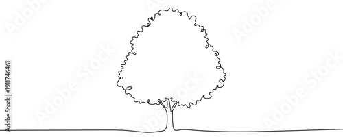 Tree with a thick crown in one line art style. Drawing of a deciduous tree symbolizing nature, ecology, and life, made with a continuous black stroke on a white background. Vector illustration.