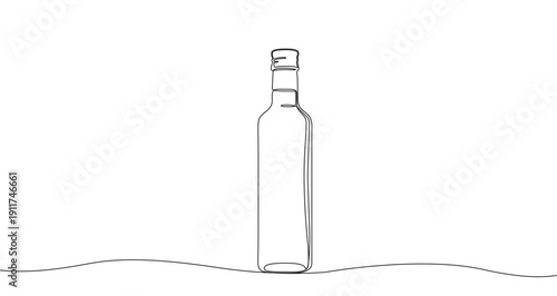 Bottle in one line art style. Drawing of a tall glass bottle for wine or oil, made by a continuous line with editable black stroke on a white background. Vector illustration.