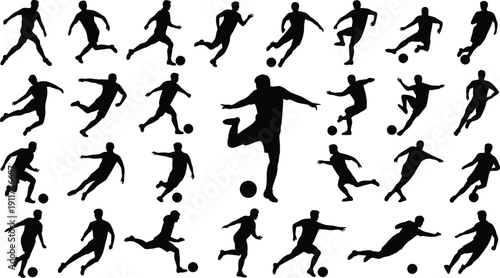 Black Soccer Players Silhouettes Kicking Ball on White Background