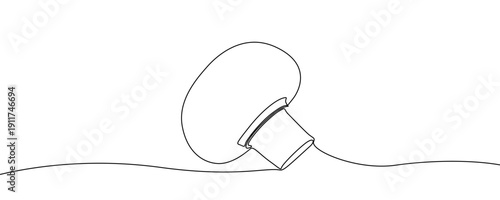 Mushroom in one line art style. Drawing of a champignon or forest mushroom, made by a continuous line with editable black stroke on a white background. Vector illustration.
