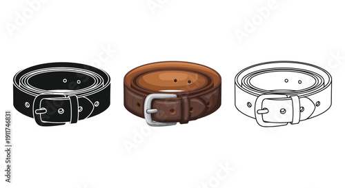 Set of three leather belt illustrations in silhouette, color, and outline
