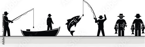 Fishing activity silhouette illustration, anglers catching fish from boat and shore, recreational fishing sequence, black vector icons set isolated on white background