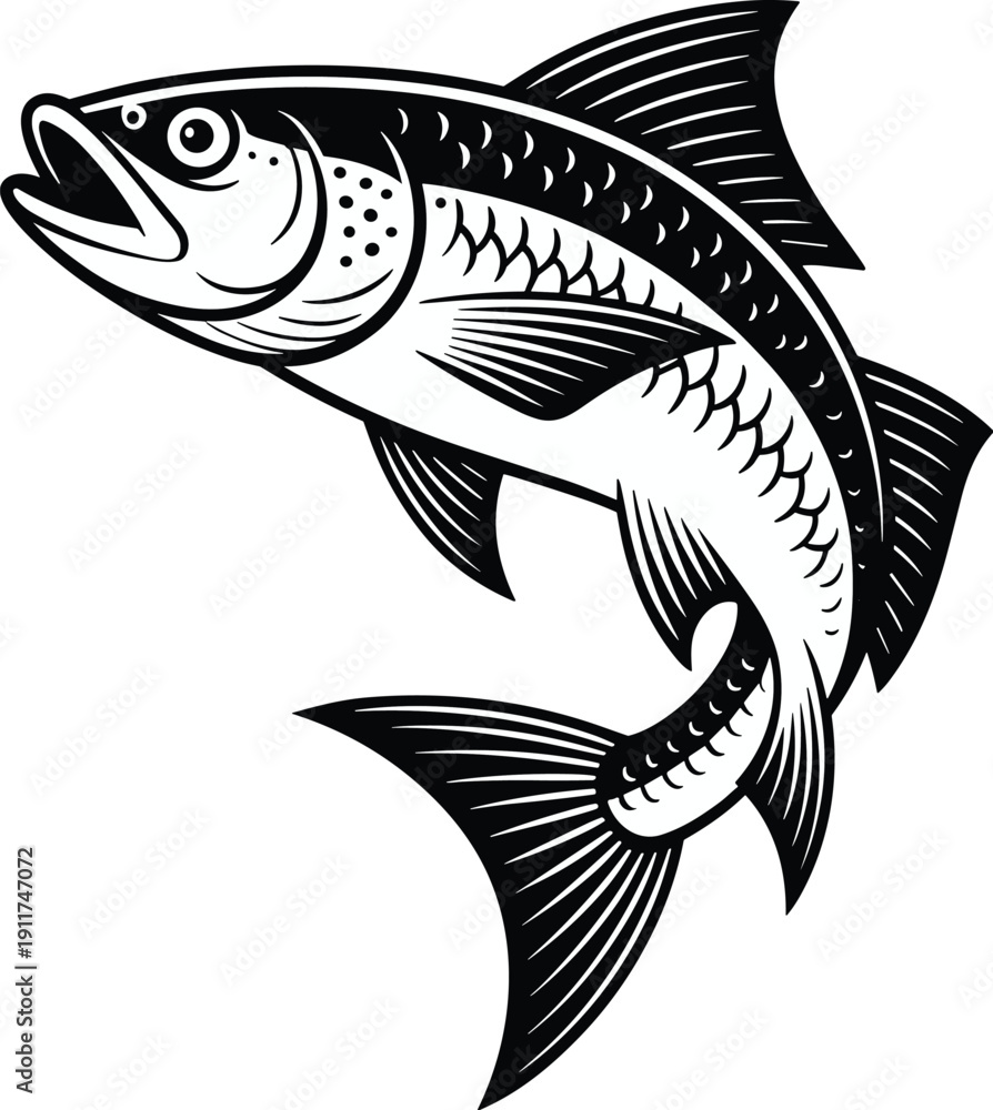 Fototapeta premium Leaping fish black and white vector on white background.