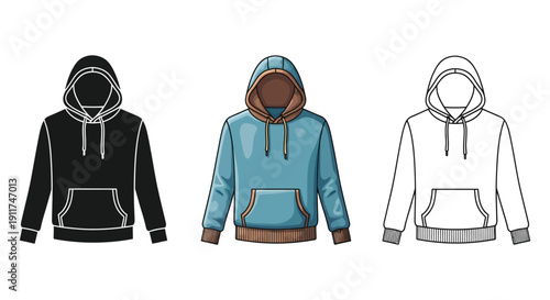 Set of three hoodie sweatshirt illustrations in silhouette, color, and outline