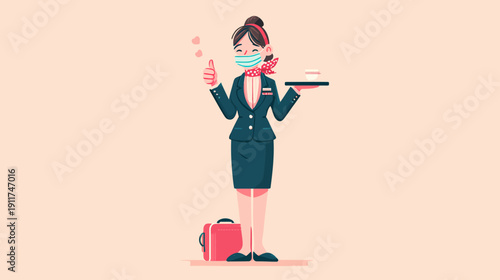 A cartoon female flight attendant in a mask giving thumbs up with hearts, holding a tray