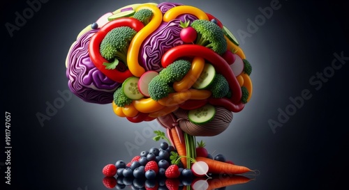 A vibrant human brain sculpture made entirely from colorful fresh fruits and vegetables, symbolizing healthy nutrition and mental well-being.