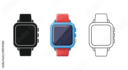 Set of three smartwatch illustrations in silhouette, color, and outline