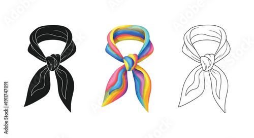 Set of three neckerchief or bandana illustrations in silhouette, color, and outline