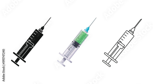 Set of three syringe illustrations in silhouette, color, and outline