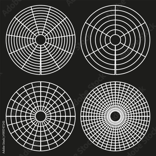 Black grid circle. White line Vector. Dark interface icon. Technical mesh symbol.