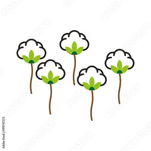 Cotton flower set. Natural organic plant icons. Soft raw fiber fluff. Textile material symbol.