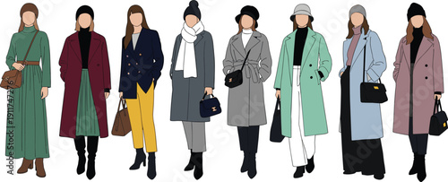 Fashionable women wearing stylish winter coats hats and scarves with handbags and boots for autumn fashion apparel and seasonal street style clothing design