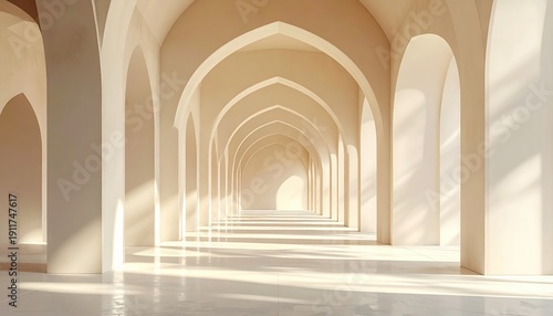 Sunlight streams through an ornate hallway with arched doorways casting long shadows on a pale floor creating a serene and tranquil atmosphere