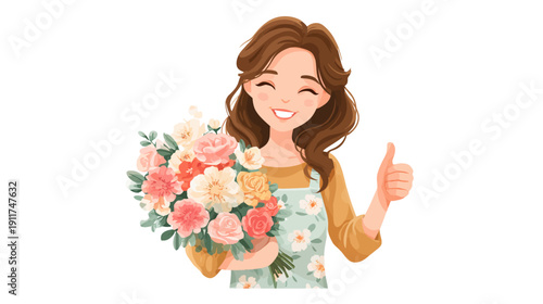 Smiling woman holding a bouquet, giving a thumbs-up against a white background