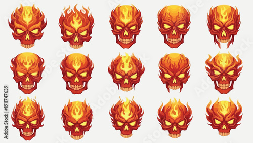 Collection of 15 fiery skull icons with glowing yellow eyes arranged in three rows against a clean white background.