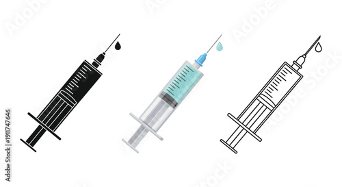 Set of three syringe with needle illustrations in silhouette, color, and outline