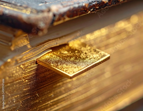 Close Up Macro View Of An Old Leather Bound Book With Gilded Pages And A Golden Bookmark Detailed Texture And Rich Warm Lighting