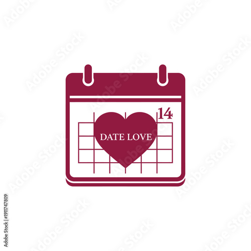 Calendar with heart shape and number fourteen icon for romantic event organizer or dating application logo of a brand named DATE LOVE