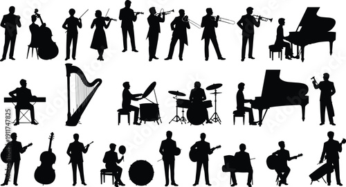 Musician orchestra band silhouette collection with piano, violin, trumpet, drum, guitar and harp players performing live concert isolated on white background