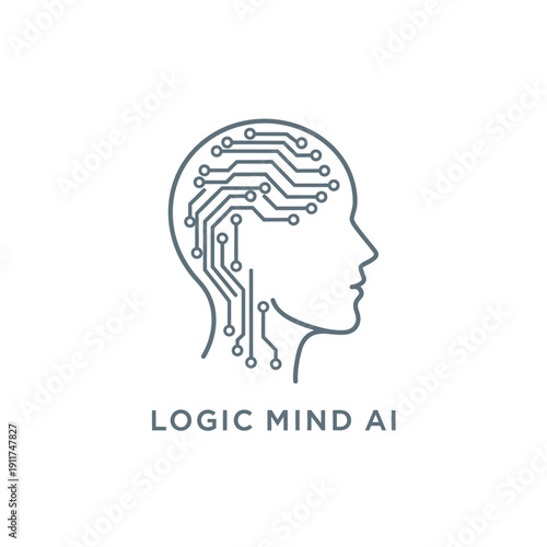 Human head profile with digital circuit brain icon for artificial intelligence and cybernetics tech logo of a brand named LOGIC MIND AI