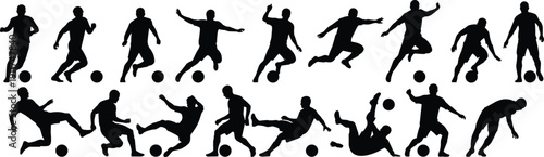 Football soccer player silhouettes set in action poses isolated on white background, kicking dribbling jumping movements, sport athlete vector illustration