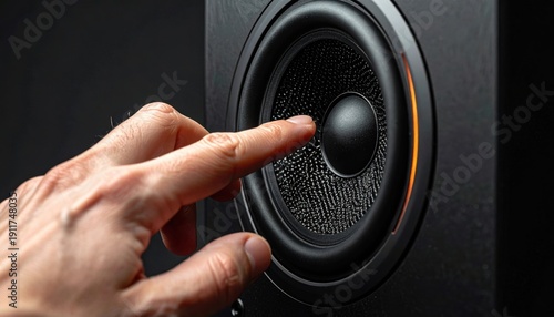 Person Touching A Black Speaker Cone With Orange Glow Spotlight Focused On The Center With Dark Background