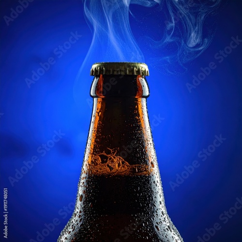 Close Up Amber Glass Beer Bottle Condensation Rising Blue Smoke Against Deep Blue Background Studio Lighting