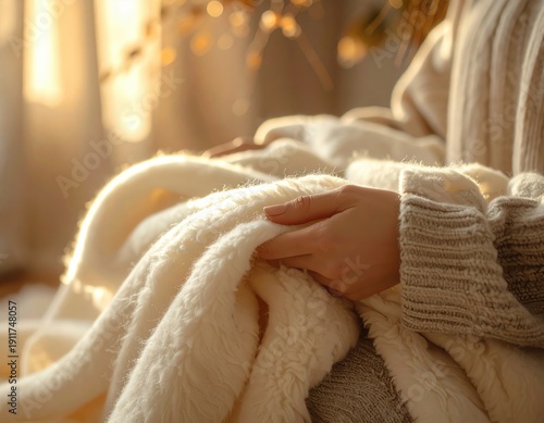 Cozy Interior Scene Person Holding Soft White Blanket Warm Sunlight Gentle Bokeh Background Cozy Comforting Atmosphere