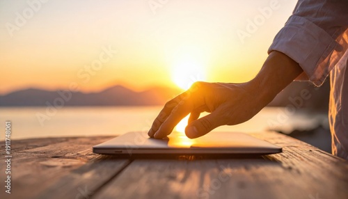 Person's Hand Gently Touching Laptop On Wooden Table With Golden Sunset Over Ocean Water And Distant Hills