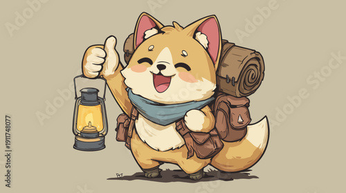 A cartoon dog is packed and smiling, thumb up, carrying a lantern, ready for an adventure